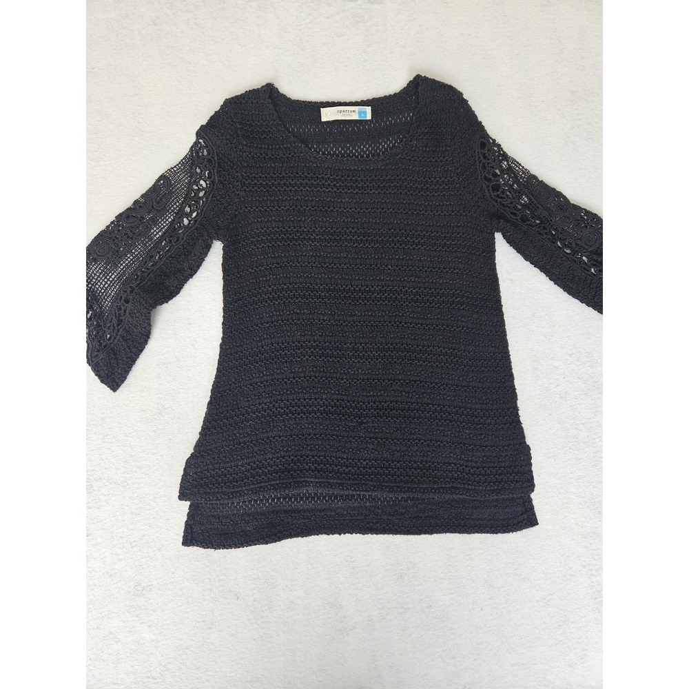 Sparrow Anthropologie Crochet Open Knit Black Sweater Lace Sleeve Medium Boho